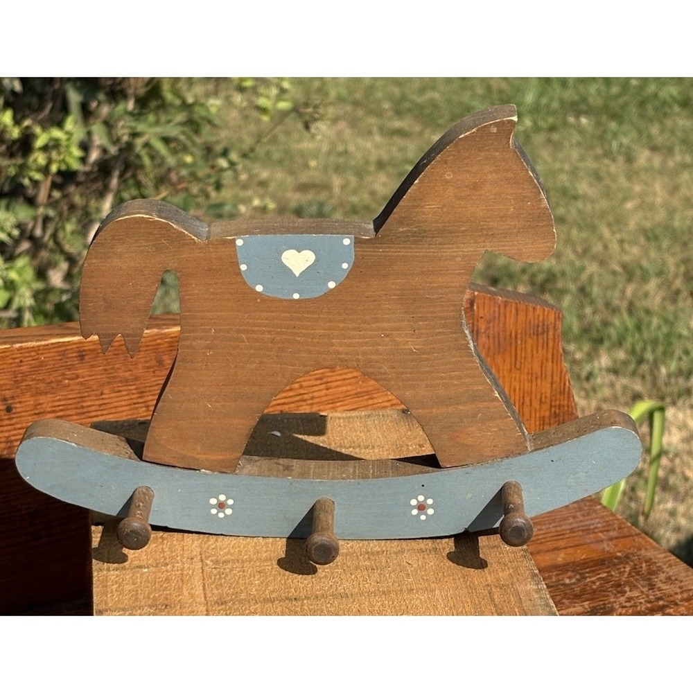 Wooden Rocking Horse Wall Hanging Blue Saddle Heart 3 Hooks Cottagecore 7" X 9"